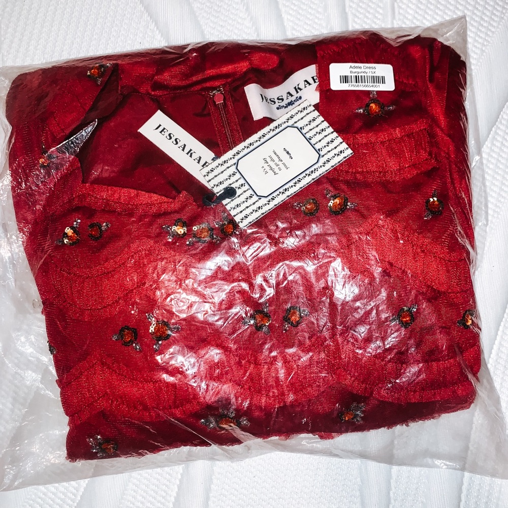 JessaKae Adele Dress Burgundy 5X NWT Romantic Tulle Midi Embellished